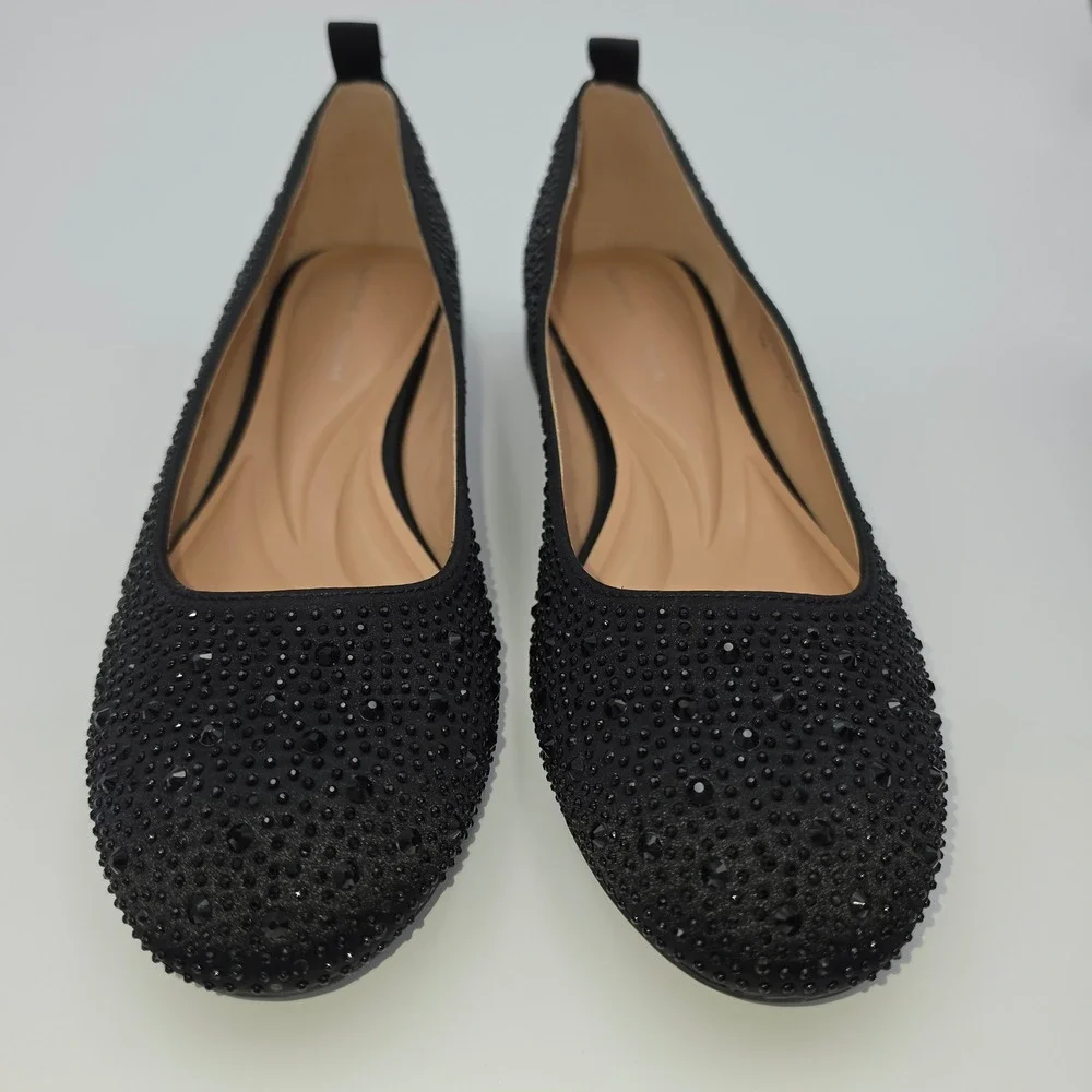 Adrienne Vittadini Carnival Black Satin Rhinestone Flats Shoes 9M 3W25F023 NWB